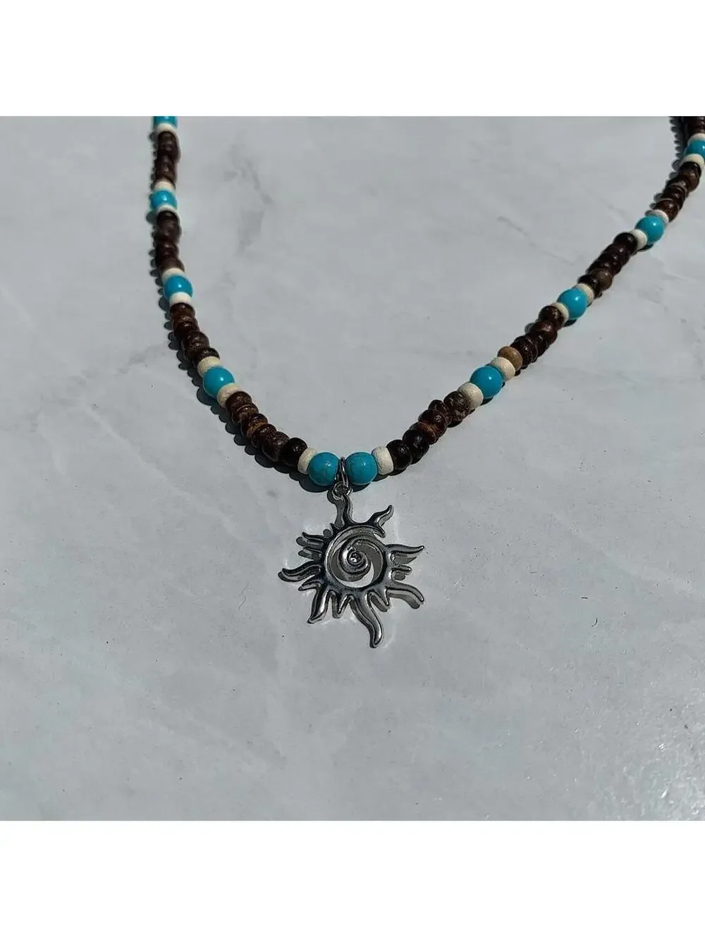 Y2k 2000s style Wood Beaded dark brown and blue mixed wood Necklace with Cyber